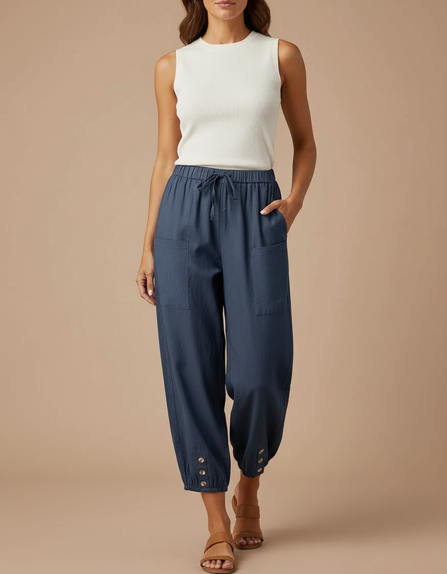 Pantalon Parachute Bleu Coton Ample Décontracté Femmes