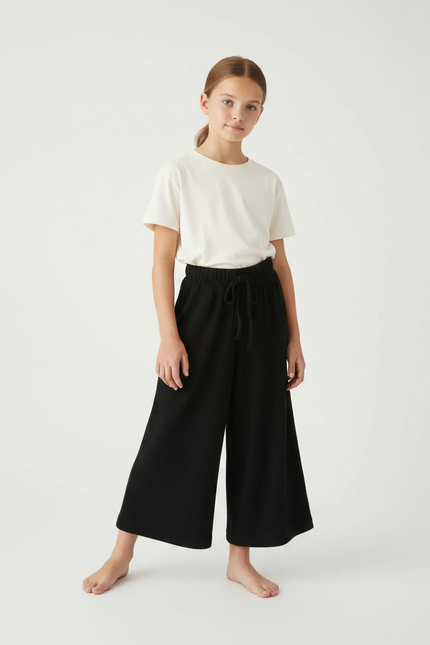 Pantalon Parachute Noir Ample Côtelé Fille Décontracté - Cordé