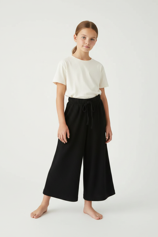 Pantalon Parachute Noir Ample Côtelé Fille Décontracté - Cordé