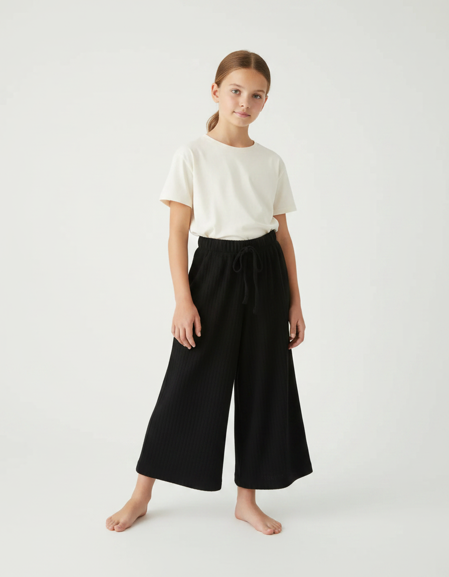Pantalon Parachute Noir Ample Côtelé Fille Décontracté - Cordé