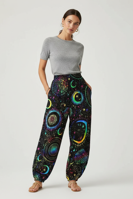 Pantalon Parachute Noir Fluide Imprimé Lune Étoiles Femme - Viscose