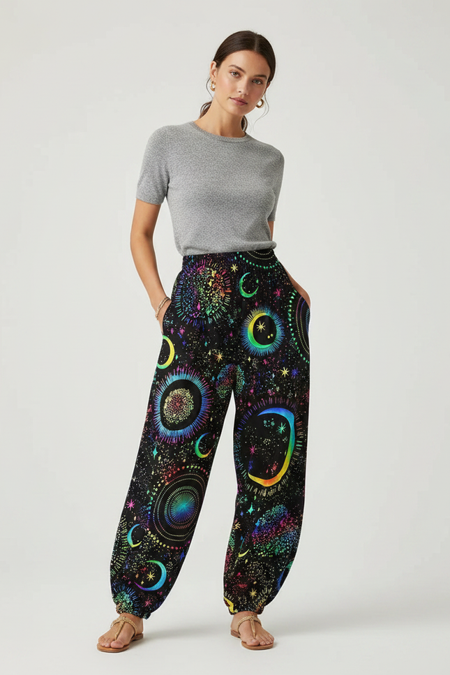 Pantalon Parachute Noir Fluide Imprimé Lune Étoiles Femme - Viscose