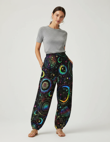 Pantalon Parachute Noir Fluide Imprimé Lune Étoiles Femme - Viscose