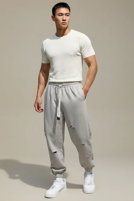 Pantalon Parachute Gris Déchiré Cordon Décontracté Homme - Molleton
