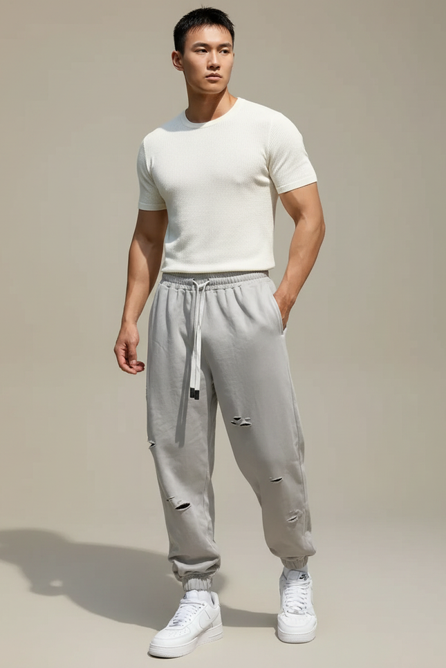 Pantalon Parachute Gris Déchiré Cordon Décontracté Homme - Molleton