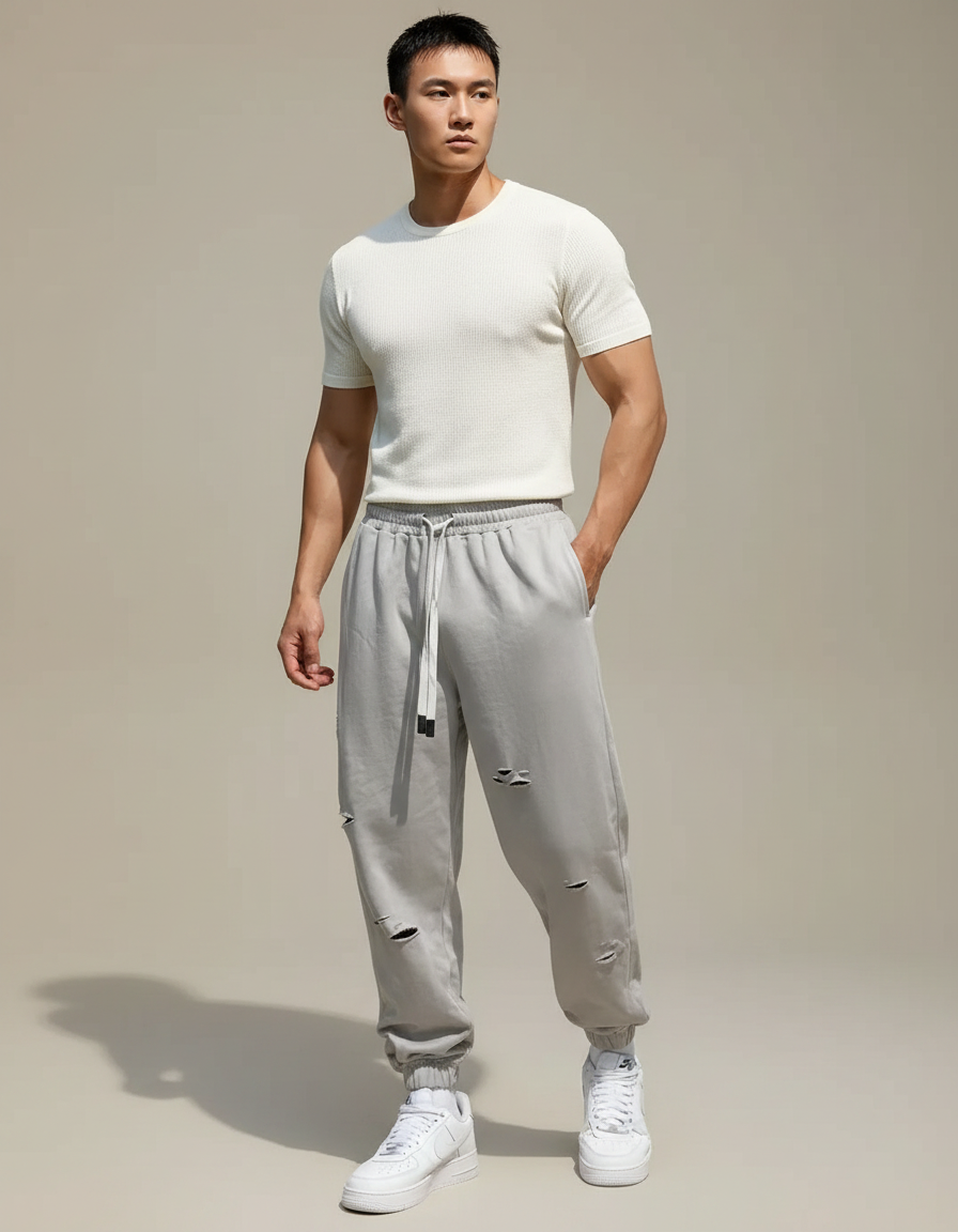 Pantalon Parachute Gris Déchiré Cordon Décontracté Homme - Molleton