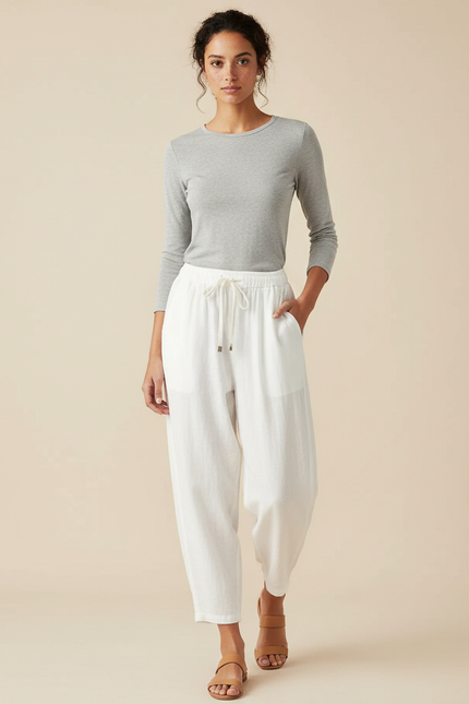 Pantalon Parachute Blanc Lin Fluide Ample Décontracté