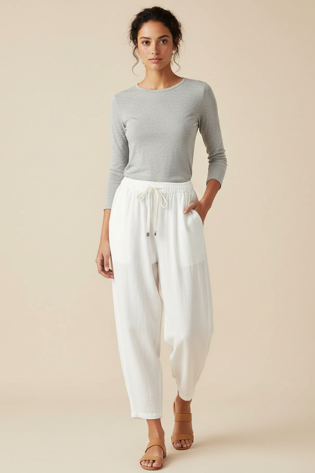 Pantalon Parachute Blanc Lin Fluide Ample Décontracté