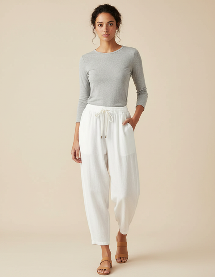 Pantalon Parachute Blanc Lin Fluide Ample Décontracté
