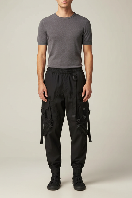 Pantalon Parachute Noir Cargo Ample Techwear Multipoches Homme - Polyester