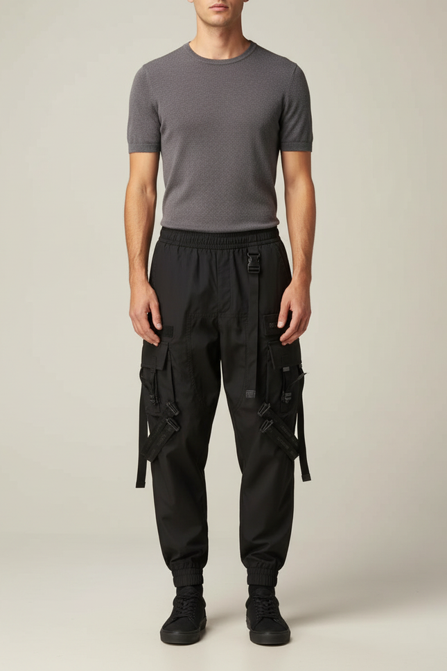 Pantalon Parachute Noir Cargo Ample Techwear Multipoches Homme - Polyester