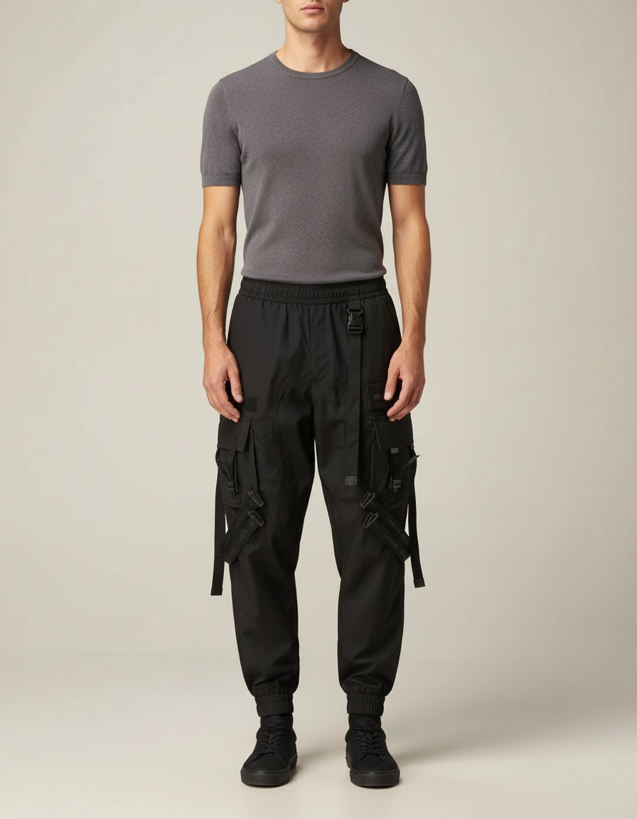 Pantalon Parachute Noir Cargo Ample Techwear Multipoches Homme - Polyester