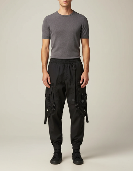 Pantalon Parachute Noir Cargo Ample Techwear Multipoches Homme - Polyester