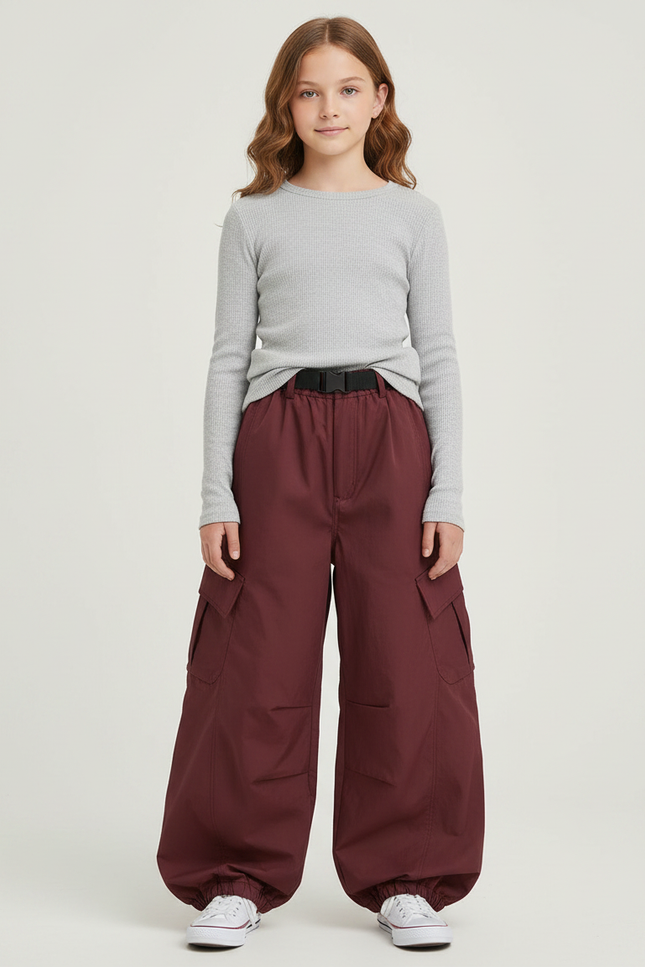 Pantalon Parachute Bordeaux Ample Cargo Ceinturé Fille - Polyester