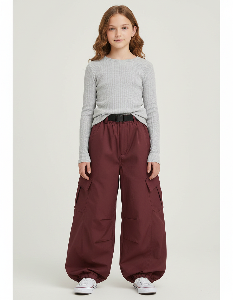 Pantalon Parachute Bordeaux Ample Cargo Ceinturé Fille - Polyester