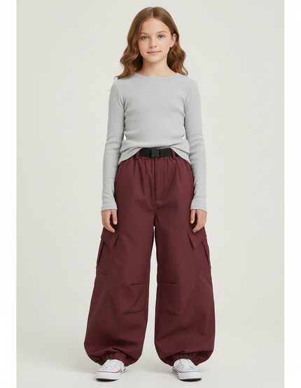 Pantalon Parachute Bordeaux Ample Cargo Ceinturé Fille - Polyester