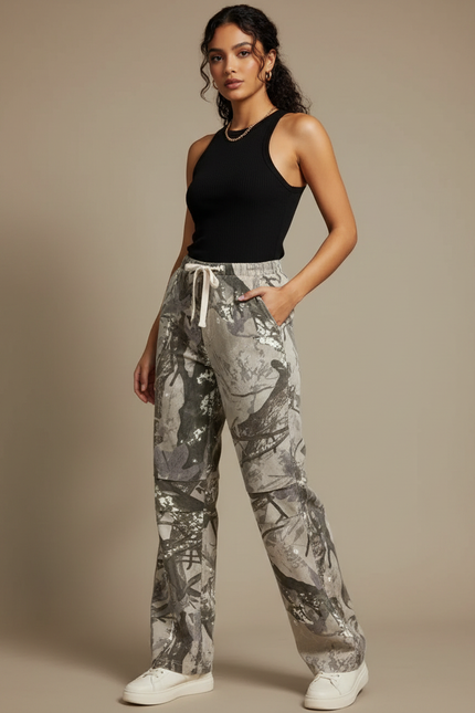 Pantalon Parachute Camouflage Imprimé Ample Décontracté Fluide - Coton