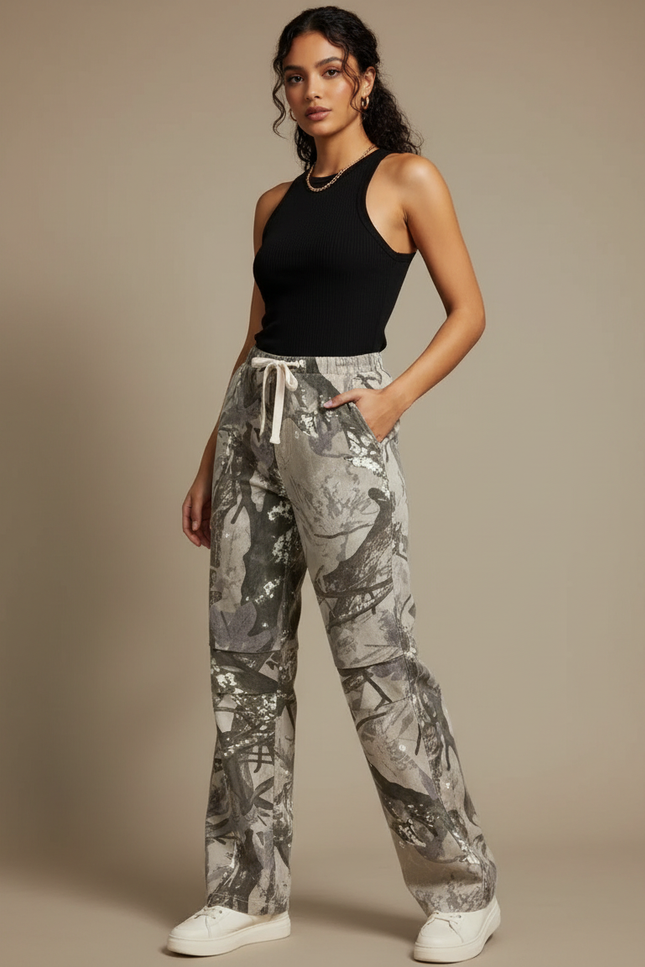 Pantalon Parachute Camouflage Imprimé Ample Décontracté Fluide - Coton