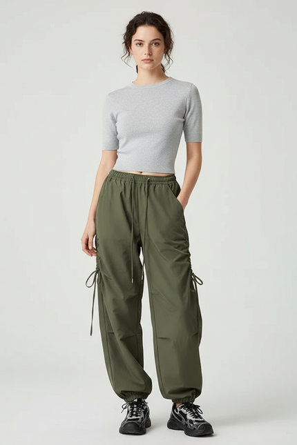 Pantalon Parachute Kaki Ample Cordon Sport Femme - Polyester