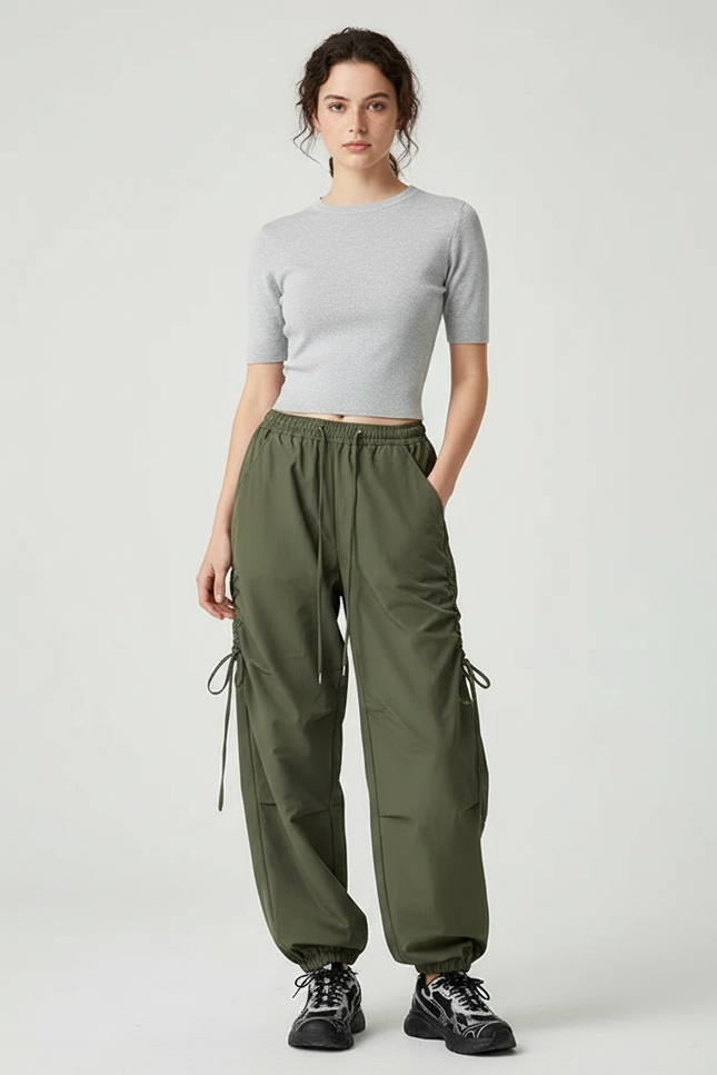 Pantalon Parachute Kaki Ample Cordon Sport Femme - Polyester