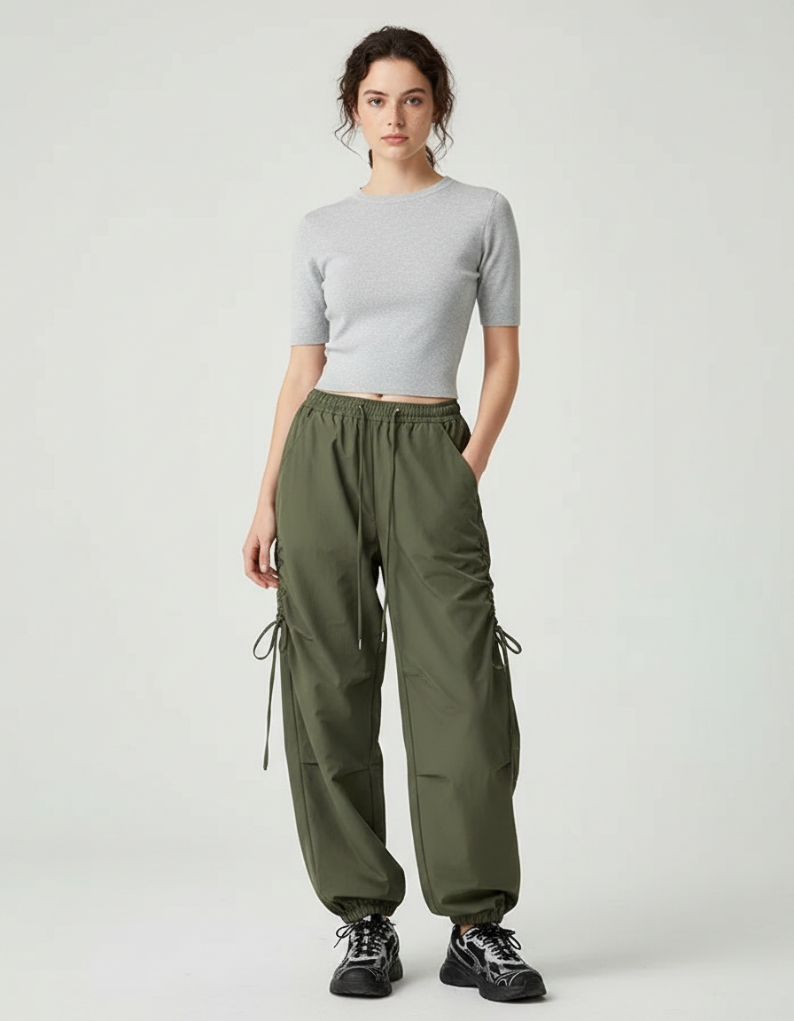 Pantalon Parachute Kaki Ample Cordon Sport Femme - Polyester