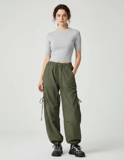 Pantalon Parachute Kaki Ample Cordon Sport Femme - Polyester