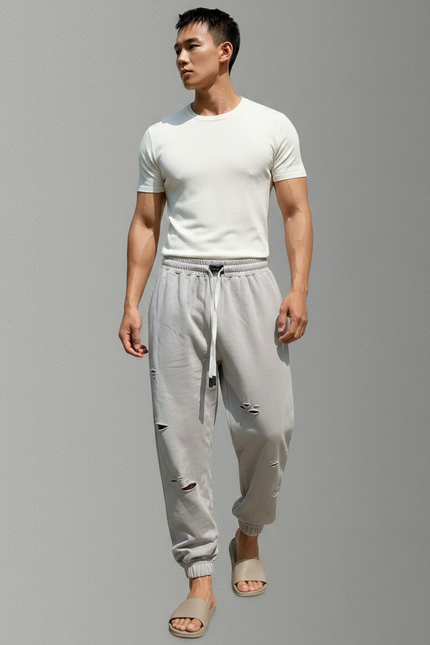 Pantalon Parachute Gris Déchiré Cordon Jogging Homme - Molleton