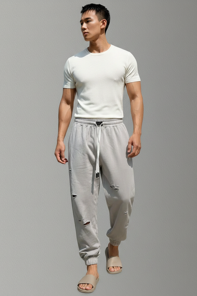 Pantalon Parachute Gris Déchiré Cordon Jogging Homme - Molleton