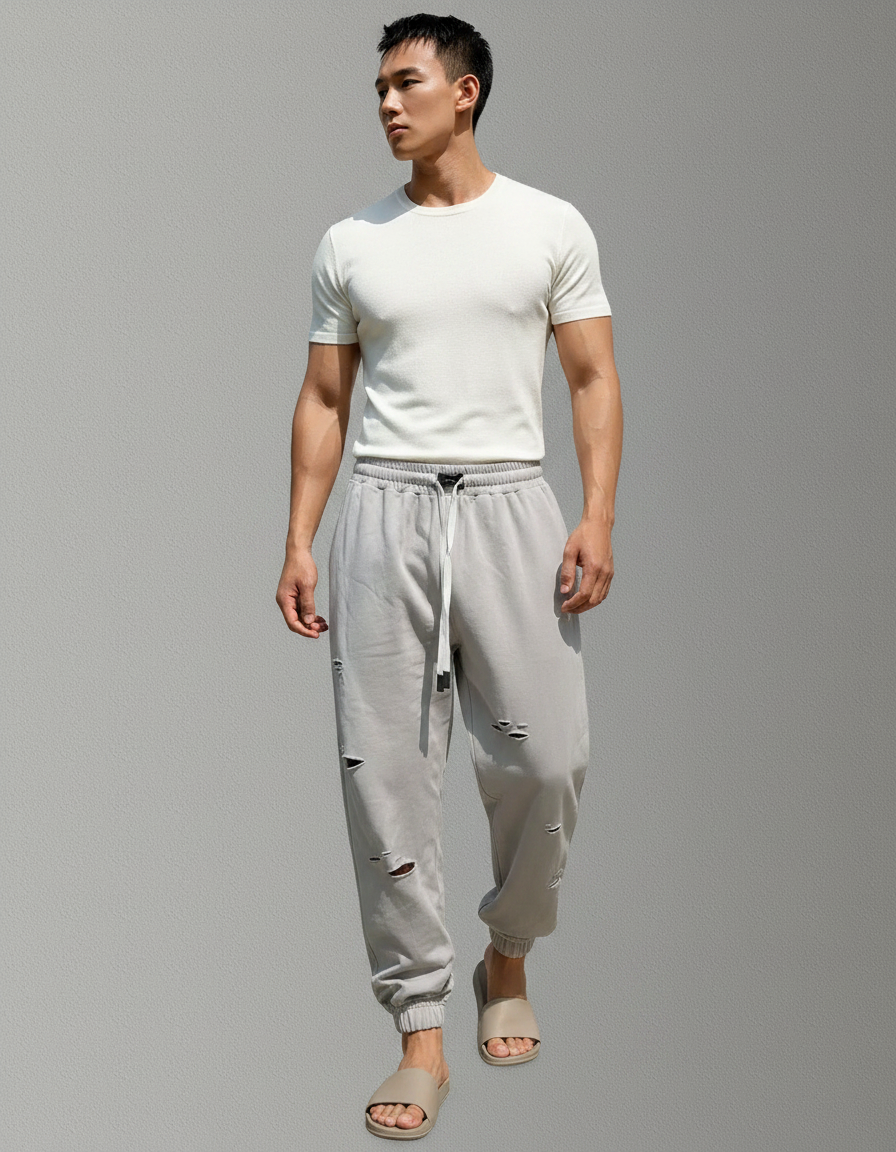 Pantalon Parachute Gris Déchiré Cordon Jogging Homme - Molleton