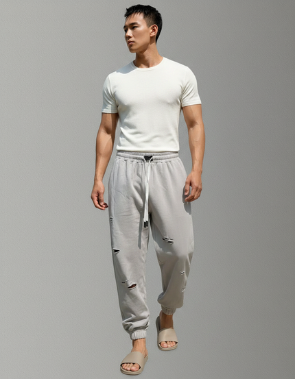 Pantalon Parachute Gris Déchiré Cordon Jogging Homme - Molleton
