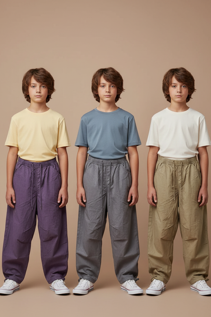 Pantalon Parachute Ample Uni Décontracté Enfant Coton - Kaki