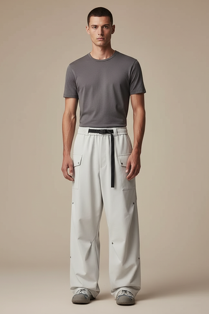 Pantalon Parachute Gris Clair Cargo Ample Ceinture - Polyester