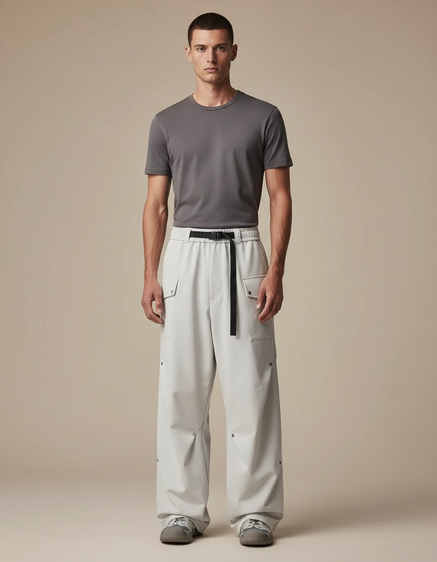 Pantalon Parachute Gris Clair Cargo Ample Ceinture - Polyester