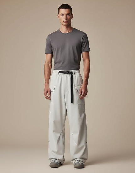 Pantalon Parachute Gris Clair Cargo Ample Ceinture - Polyester