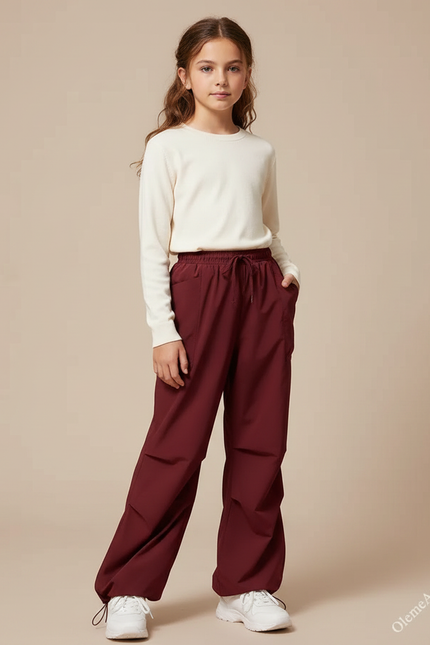 Pantalon Parachute Bordeaux Ample Décontracté Fille - Polyester