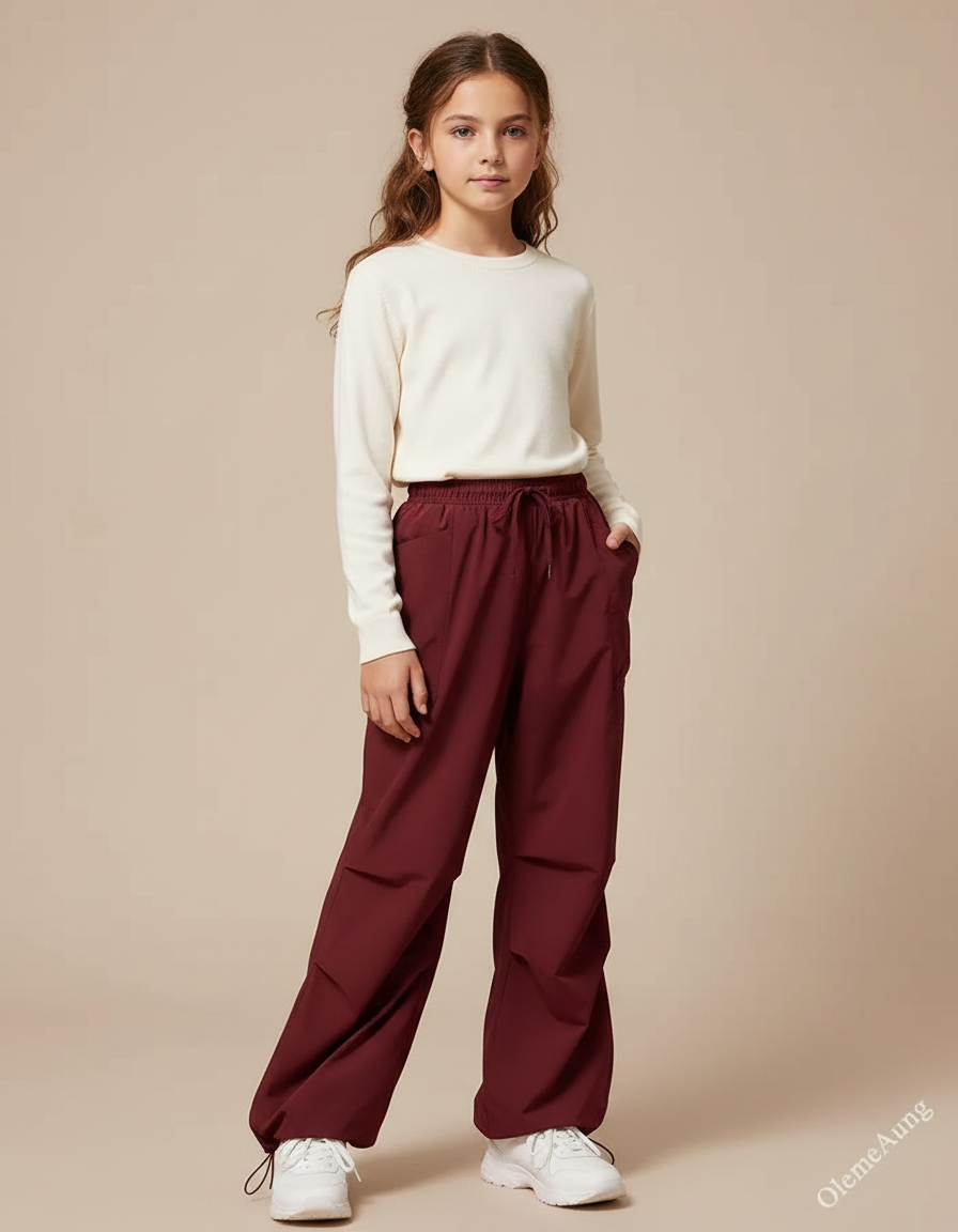 Pantalon Parachute Bordeaux Ample Décontracté Fille - Polyester