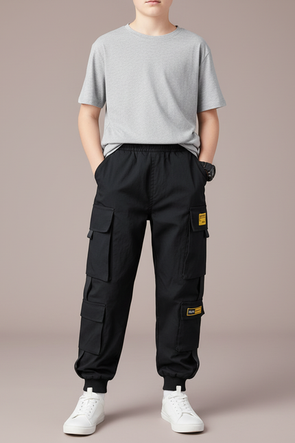 Pantalon Parachute Noir Cargo Ample Décontracté Garçon - Toile