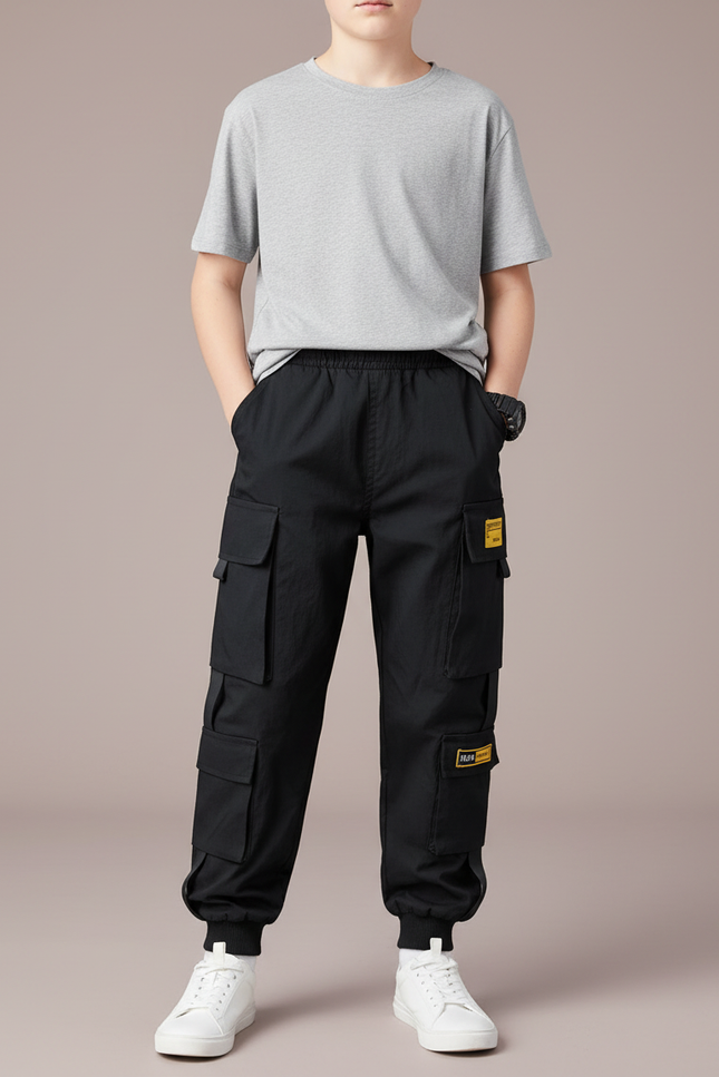 Pantalon Parachute Noir Cargo Ample Décontracté Garçon - Toile