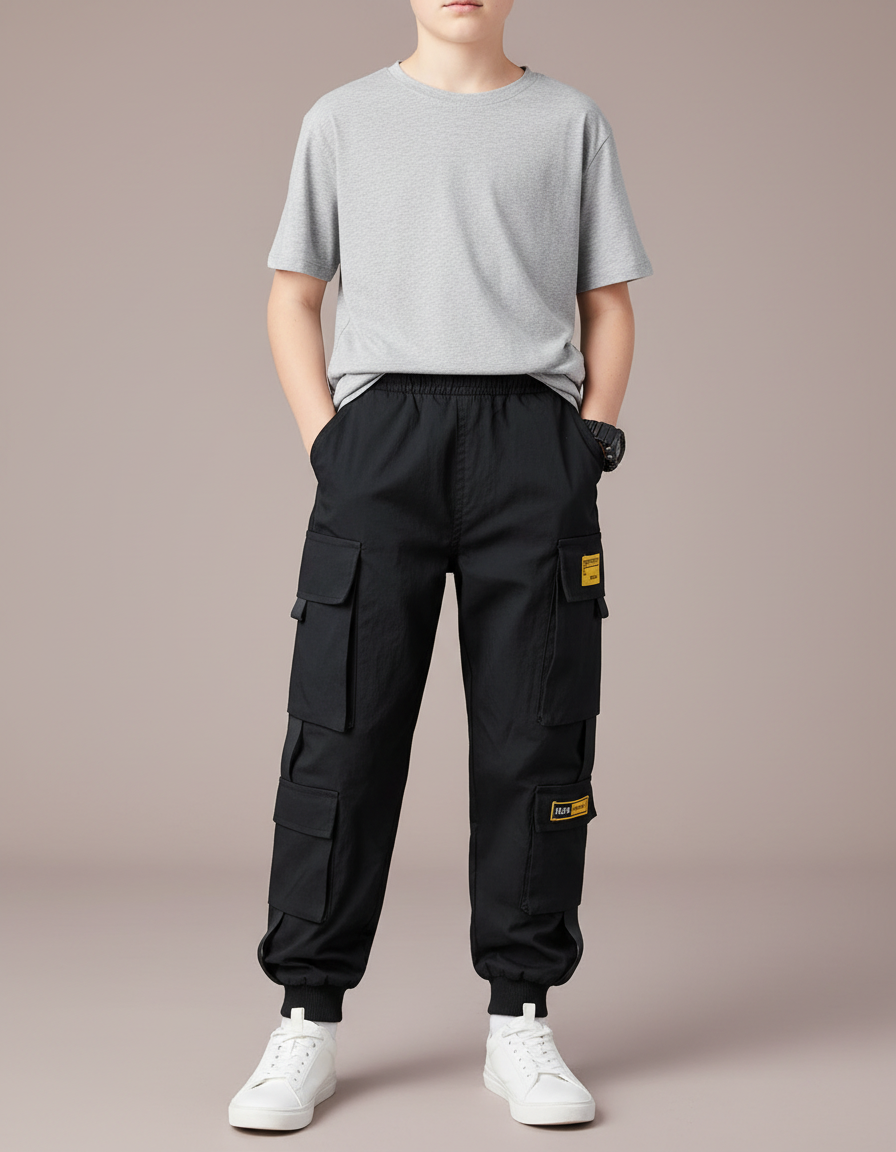 Pantalon Parachute Noir Cargo Ample Décontracté Garçon - Toile