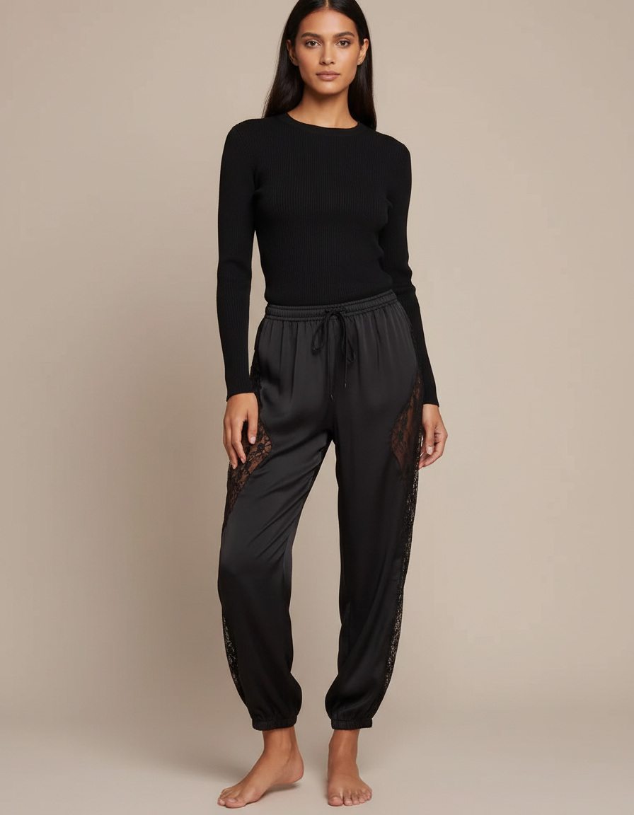 Pantalon Parachute Noir Satiné Dentelle Fluide Élégant