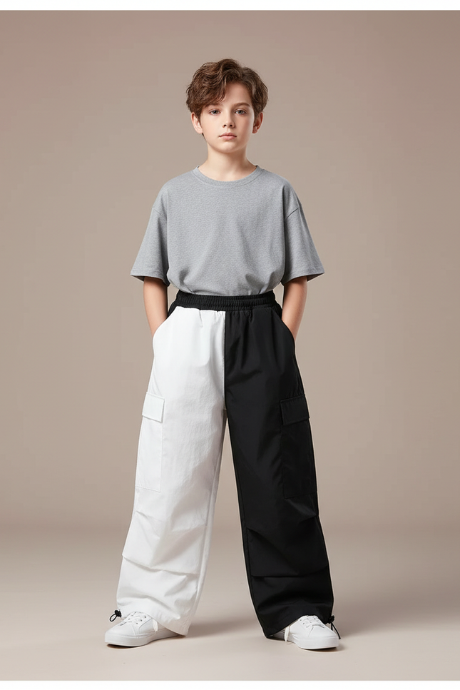 Pantalon Parachute Bicolore Noir Blanc Cargo Enfant - Multicolore Polyester