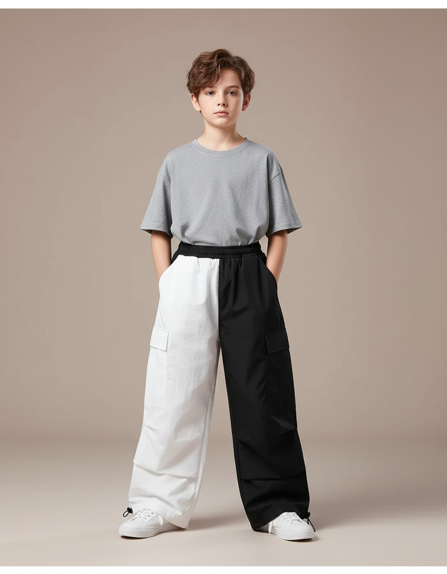 Pantalon Parachute Bicolore Noir Blanc Cargo Enfant - Multicolore Polyester