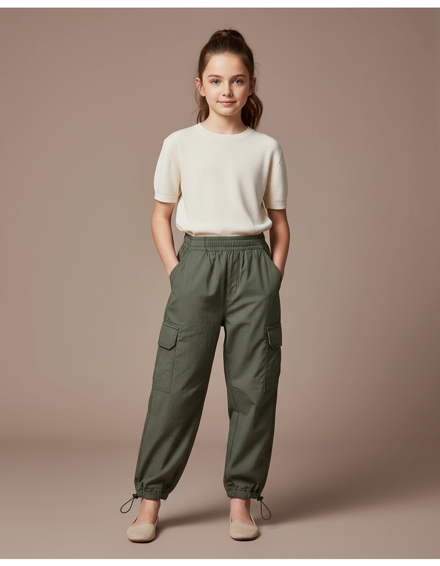 Pantalon Parachute Kaki Cargo Enfant Coton Ample