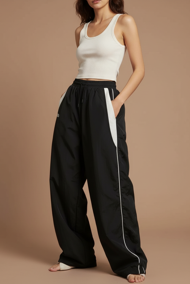 Pantalon Parachute Noir Ample Streetwear Sportif Cordon - Polyester