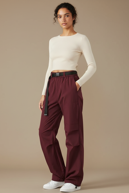 Pantalon Parachute Bordeaux Cargo Ample Fonctionnel - Polyester