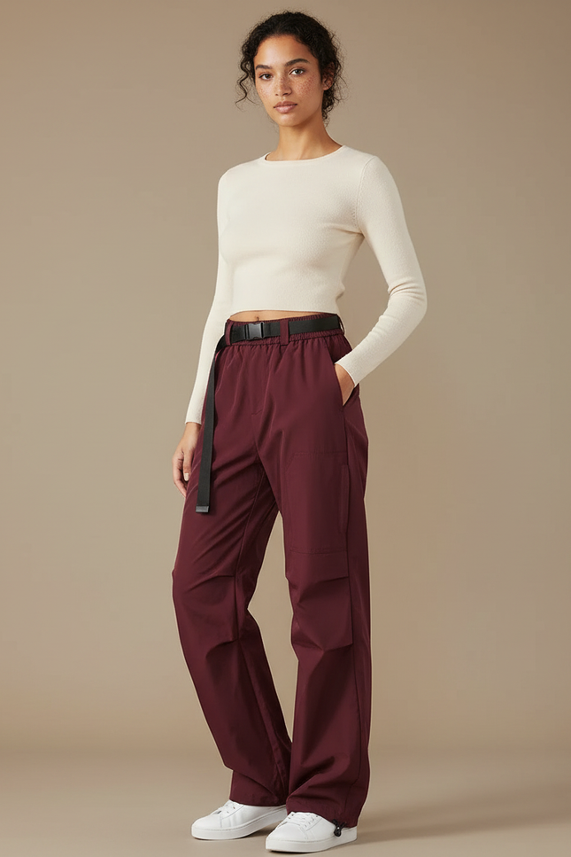 Pantalon Parachute Bordeaux Cargo Ample Fonctionnel - Polyester