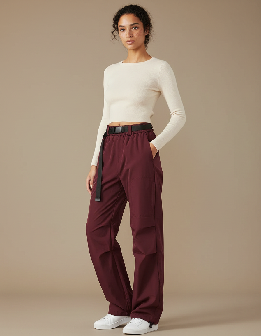 Pantalon Parachute Bordeaux Cargo Ample Fonctionnel - Polyester