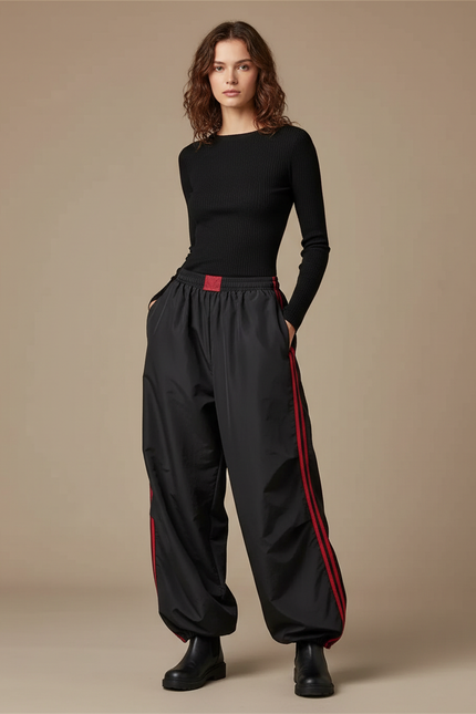 Pantalon Parachute Noir Ample Rayures Rouges Sport - Polyester
