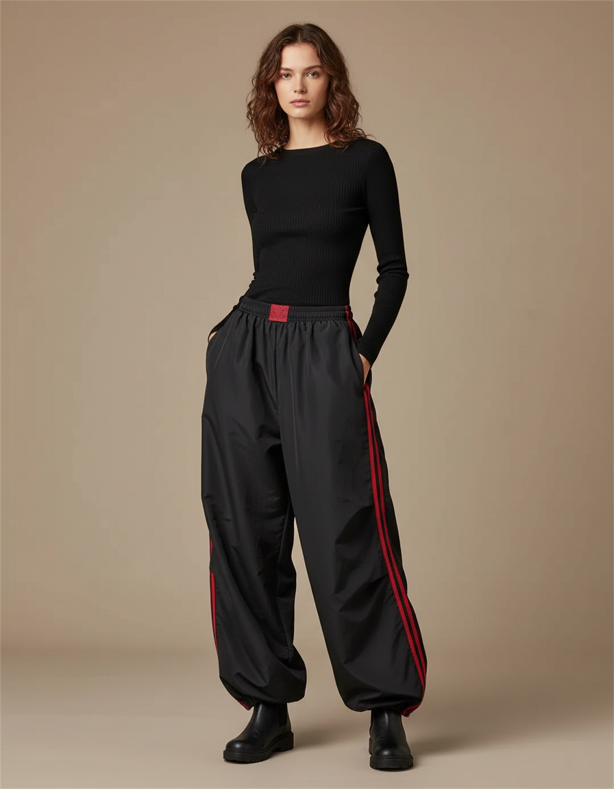 Pantalon Parachute Noir Ample Rayures Rouges Sport - Polyester