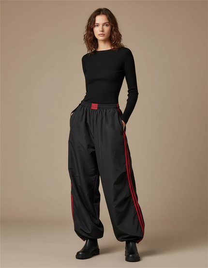Pantalon Parachute Noir Ample Rayures Rouges Sport - Polyester